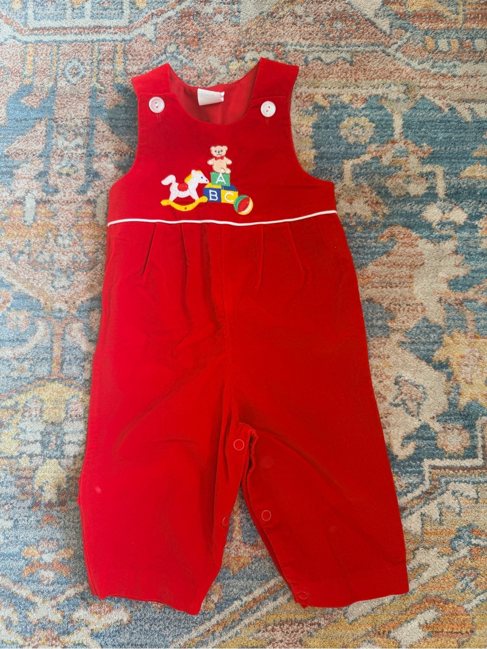 Vintage Red Velveteen Baby Romper Jon Jon Embroidered 6-9 Months Christmas